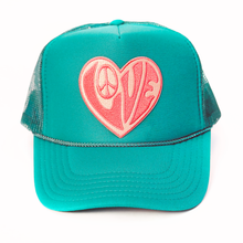 Load image into Gallery viewer, Peace and Love Teal Trucker Hat
