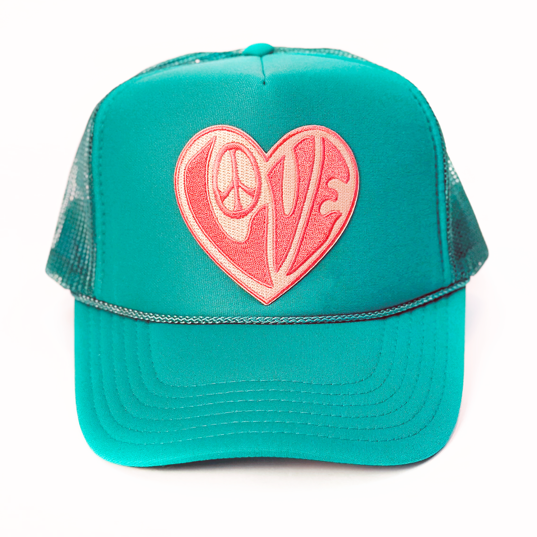 Peace and Love Teal Trucker Hat
