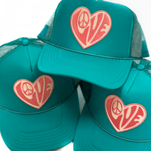 Load image into Gallery viewer, Peace and Love Teal Trucker Hat
